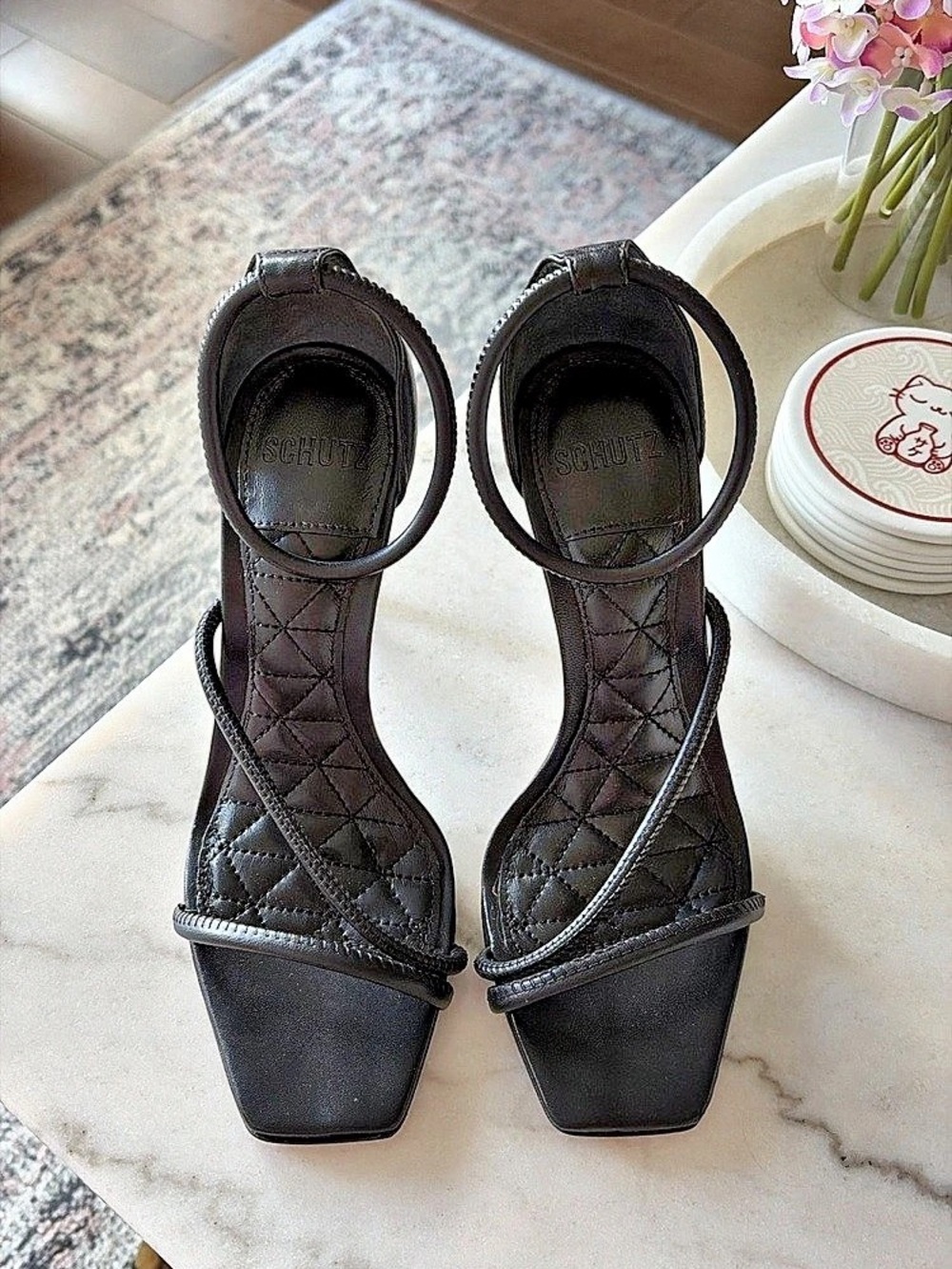 SCHUTZ Black Square Toe Strappy Heels